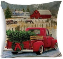 Load image into Gallery viewer, Red Truck carrying home family Christmas Tree Pillow Cover 18&quot; x 18&quot; with zipper closure.  (#36)