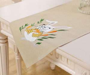 Bunny with Glasses and Carrots in Yellow Plaid Jacket on Beige Background (15" x 69" Runner)